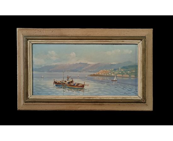 PAINTING WITH SEASCAPE AND BOATS, FIRST HALF OF THE 20TH CENTURY