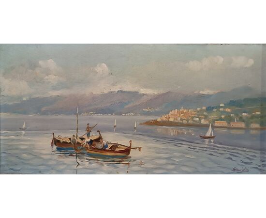 PAINTING WITH SEASCAPE AND BOATS, FIRST HALF OF THE 20TH CENTURY