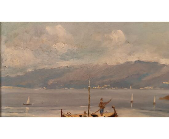 PAINTING WITH SEASCAPE AND BOATS, FIRST HALF OF THE 20TH CENTURY