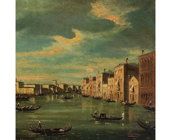 Francesco Guarana (attivo a Venezia nella seconda metà XIX sec.) - Venezia, veduta dell’inizio del Canal Grande con la basilica di S. Maria della Salute.