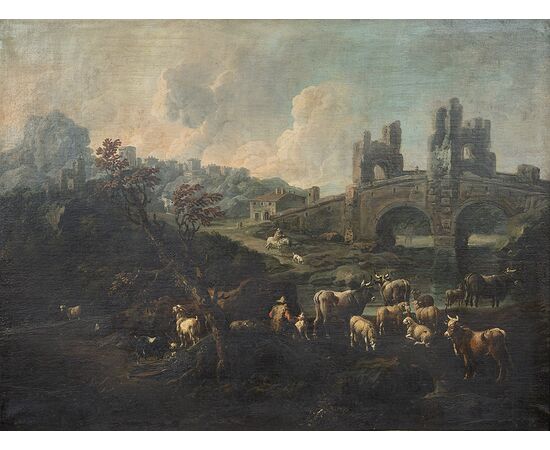 Pair of antique oil on canvas paintings with contemporary frames depicting Ponte Mammolo and a Roman landscape with ruins, attributed to "Domenico Brandi." Naples, early 18th century.