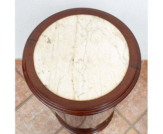 Antique Empire mahogany cylinder bedside table with white marble top. France, 19th century.