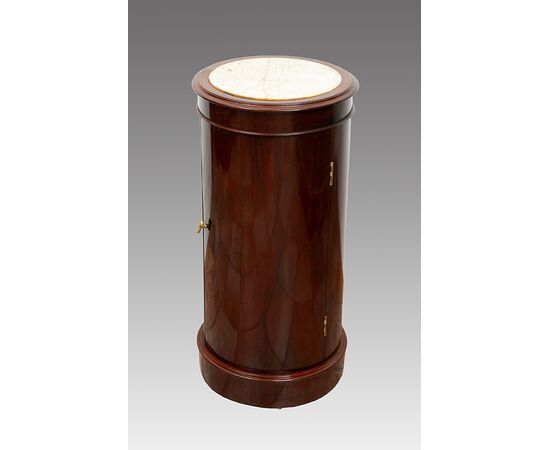 Antique Empire mahogany cylinder bedside table with white marble top. France, 19th century.