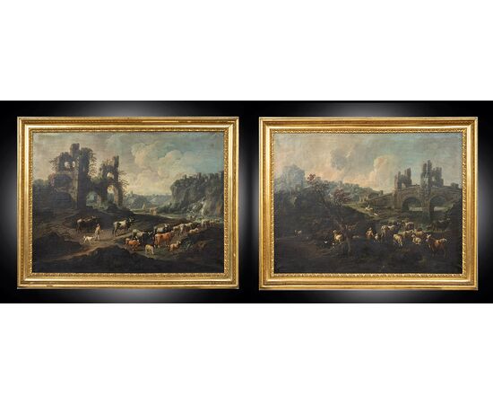 Pair of antique oil on canvas paintings with contemporary frames depicting Ponte Mammolo and a Roman landscape with ruins, attributed to "Domenico Brandi." Naples, early 18th century.