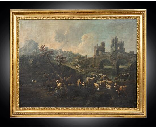 Pair of antique oil on canvas paintings with contemporary frames depicting Ponte Mammolo and a Roman landscape with ruins, attributed to "Domenico Brandi." Naples, early 18th century.
