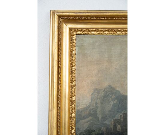 Pair of antique oil on canvas paintings with contemporary frames depicting Ponte Mammolo and a Roman landscape with ruins, attributed to "Domenico Brandi." Naples, early 18th century.