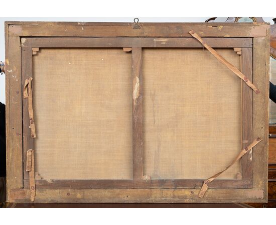 Pair of antique oil on canvas paintings with contemporary frames depicting Ponte Mammolo and a Roman landscape with ruins, attributed to "Domenico Brandi." Naples, early 18th century.