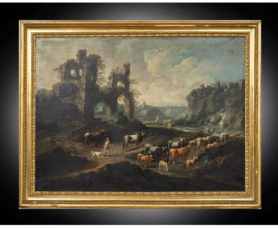Pair of antique oil on canvas paintings with contemporary frames depicting Ponte Mammolo and a Roman landscape with ruins, attributed to "Domenico Brandi." Naples, early 18th century.