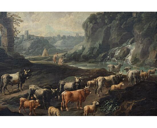 Pair of antique oil on canvas paintings with contemporary frames depicting Ponte Mammolo and a Roman landscape with ruins, attributed to "Domenico Brandi." Naples, early 18th century.