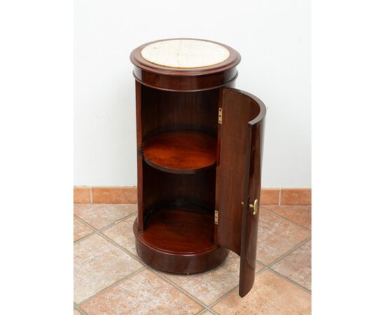Antique Empire mahogany cylinder bedside table with white marble top. France, 19th century.