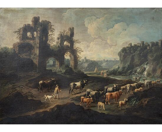 Pair of antique oil on canvas paintings with contemporary frames depicting Ponte Mammolo and a Roman landscape with ruins, attributed to "Domenico Brandi." Naples, early 18th century.