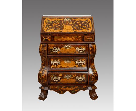 Antique Dutch drop-front desk in fine woods from the early 19th century.