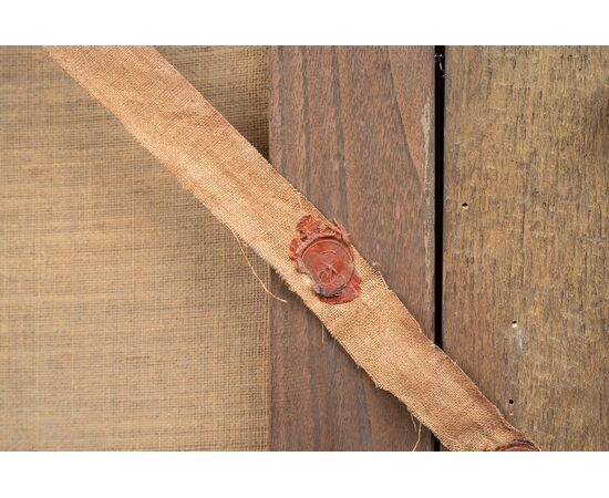 Pair of antique oil on canvas paintings with contemporary frames depicting Ponte Mammolo and a Roman landscape with ruins, attributed to "Domenico Brandi." Naples, early 18th century.