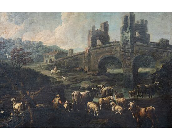 Pair of antique oil on canvas paintings with contemporary frames depicting Ponte Mammolo and a Roman landscape with ruins, attributed to "Domenico Brandi." Naples, early 18th century.