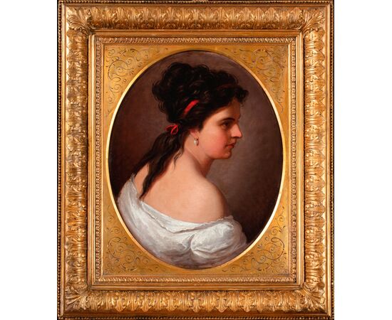 Scuola tedesca, “Profilo di fanciulla con nastro rosso”, seconda metà del XIX secolo.