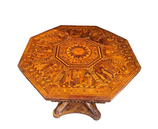 Octagonal wooden table with inlays, veneering and pyrography