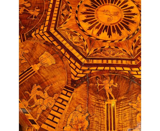 Octagonal wooden table with inlays, veneering and pyrography