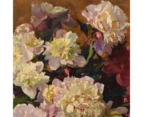 GRANDE OVALE, DIPINTI ANTICHI DI FIORI, NATURE MORTE CON VASO DI PEONIE, OLIO SU TELA, INIZIO XX SECOLO. (QF707)   