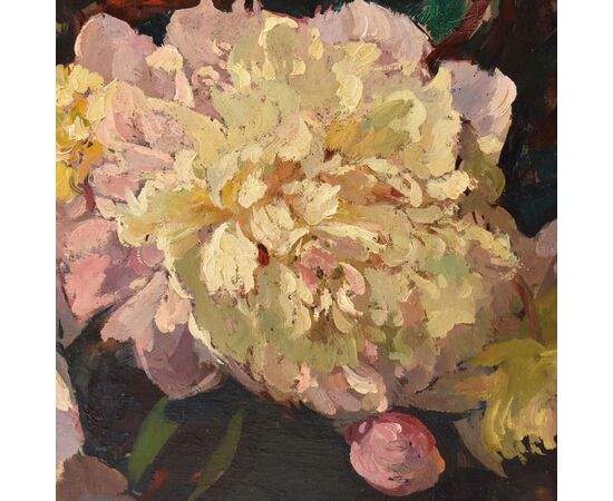 GRANDE OVALE, DIPINTI ANTICHI DI FIORI, NATURE MORTE CON VASO DI PEONIE, OLIO SU TELA, INIZIO XX SECOLO. (QF707)   