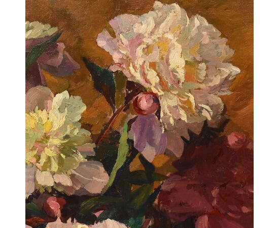 GRANDE OVALE, DIPINTI ANTICHI DI FIORI, NATURE MORTE CON VASO DI PEONIE, OLIO SU TELA, INIZIO XX SECOLO. (QF707)   