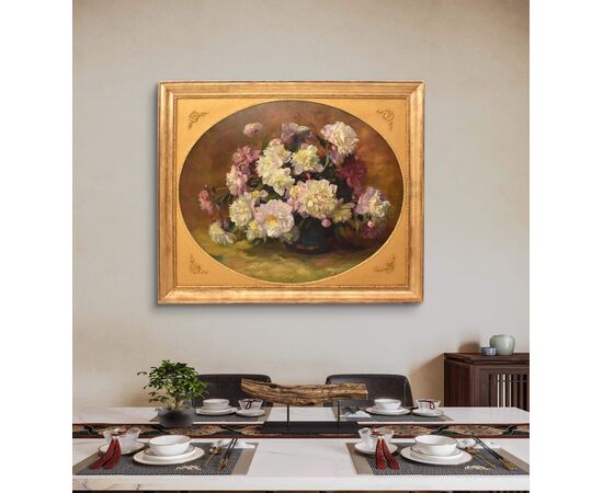 GRANDE OVALE, DIPINTI ANTICHI DI FIORI, NATURE MORTE CON VASO DI PEONIE, OLIO SU TELA, INIZIO XX SECOLO. (QF707)   