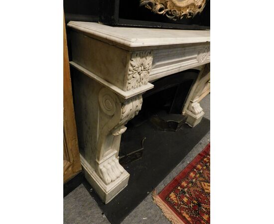 chm592  camino Luigi XVI in marmo bianco, piano cm146 x 39, h 98,5 