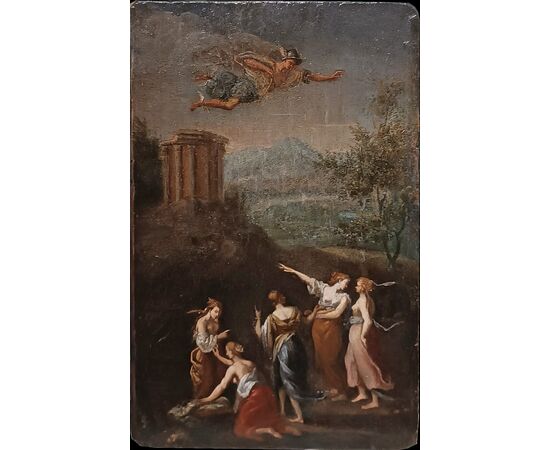 OIL PAINTING ON WOOD PANEL MERCURY AND THE DAUGHTERS OF CECROPS LATE 18TH CENTURY