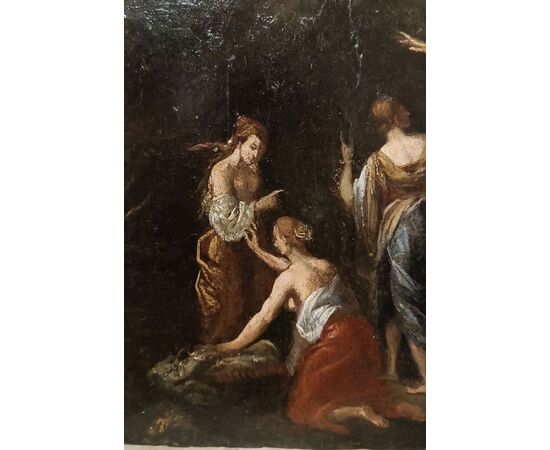 OIL PAINTING ON WOOD PANEL MERCURY AND THE DAUGHTERS OF CECROPS LATE 18TH CENTURY