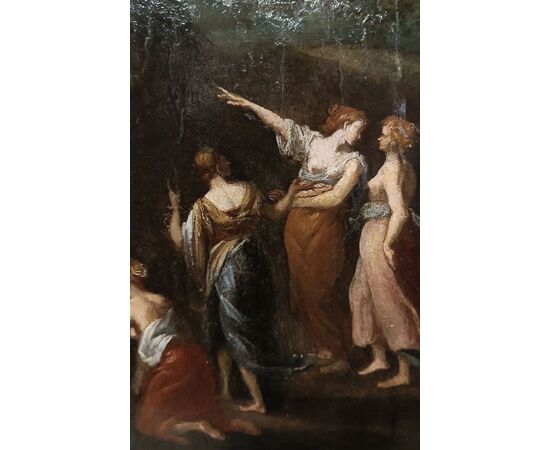 OIL PAINTING ON WOOD PANEL MERCURY AND THE DAUGHTERS OF CECROPS LATE 18TH CENTURY