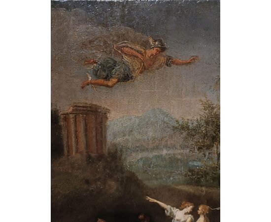 OIL PAINTING ON WOOD PANEL MERCURY AND THE DAUGHTERS OF CECROPS LATE 18TH CENTURY