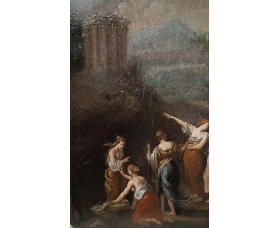 OIL PAINTING ON WOOD PANEL MERCURY AND THE DAUGHTERS OF CECROPS LATE 18TH CENTURY