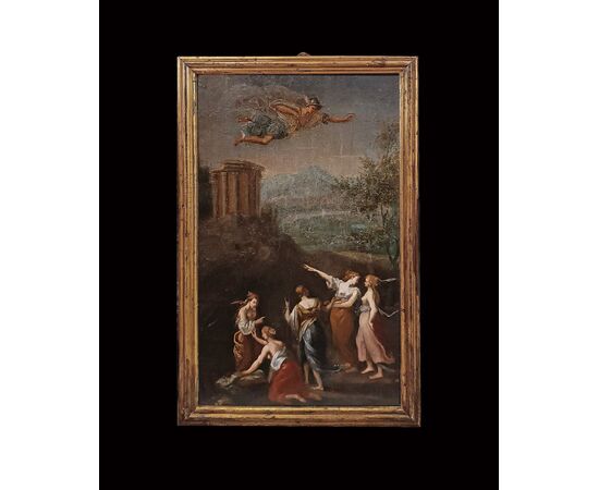 OIL PAINTING ON WOOD PANEL MERCURY AND THE DAUGHTERS OF CECROPS LATE 18TH CENTURY