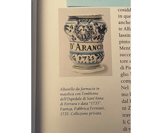 Majolica pouring vessel with turquoise decoration, calligraphic motifs, animal and plant subjects, and the date 1735. Ferniani manufacture, Faenza.