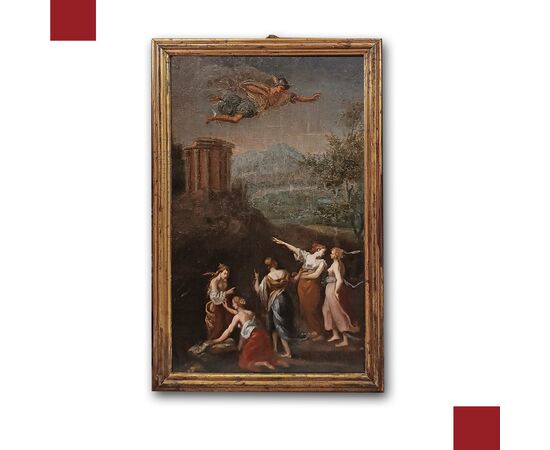 OIL PAINTING ON WOOD PANEL MERCURY AND THE DAUGHTERS OF CECROPS LATE 18TH CENTURY