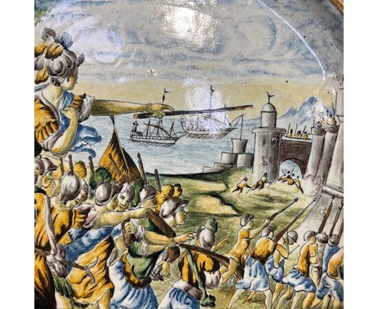 Antique story-painted majolica plate, Naples mid-1800s, Gaetano Battaglia, diameter 47 cm