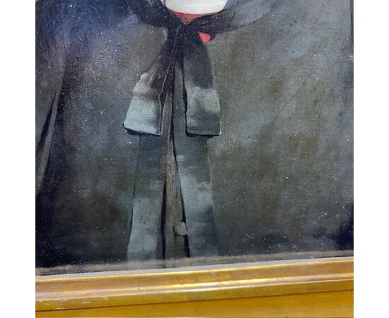 Antico dipinto olio su tela epoca XIX raffigurante prelato / personaggio un cornice dorata laccata dorata. Mis 60 x 45