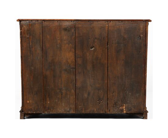 Walnut burl veneered chest of drawers, carved pilasters and gilded "a mecca" frames, rosette with inlaid scene in various woods on the top, Lombardy, 18th century