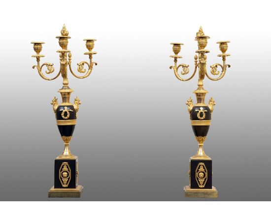 Pair of gilt and patinated bronze candlesticks