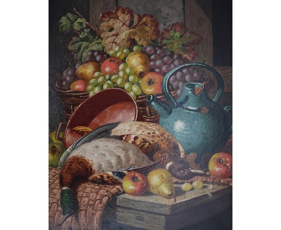 Charles Thomas Bale; Londra 1849 - Londra 1925; Natura morta con uva e cacciagione; olio su tela