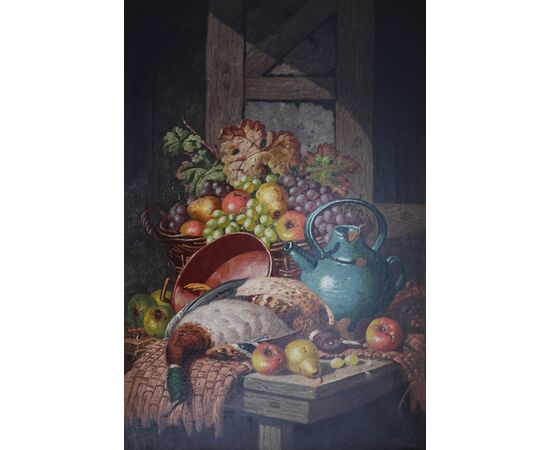 Charles Thomas Bale; Londra 1849 - Londra 1925; Natura morta con uva e cacciagione; olio su tela