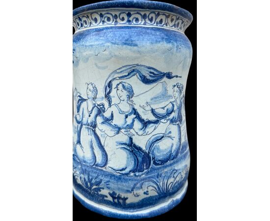 Pair of majolica albarello vases decorated with figures in a rural setting. Lantern signature. Savona.