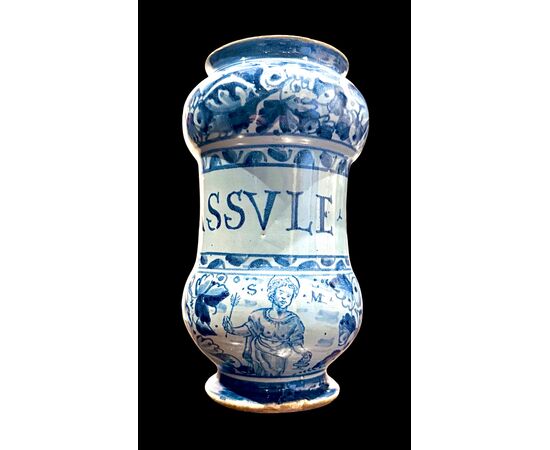 Albarello in maiolica a ‘rocchetto’ con figura di santo.Roma.