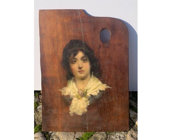 Mosè Bianchi (Monza 1840 - Monza 1904) attr. a - Tavolozza del pittore con ritratto di fanciulla.