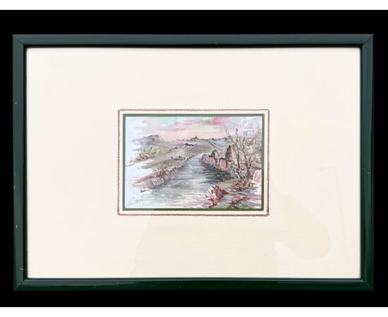 Oil painting on board depicting a landscape with river.