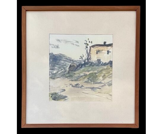 Watercolor-charcoal on paper depicting a rural landscape with a house. Signed.