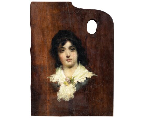 Mosè Bianchi (Monza 1840 - Monza 1904) attr. a - Tavolozza del pittore con ritratto di fanciulla.