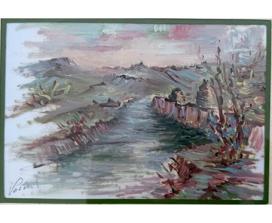 Oil painting on board depicting a landscape with river.