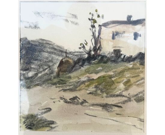 Watercolor-charcoal on paper depicting a rural landscape with a house. Signed.