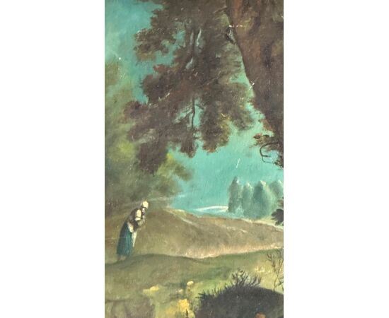 Dipinto Pastorale “Paesaggio con figure” del XIX Secolo – Olio su Tela con Cornice Dorata
