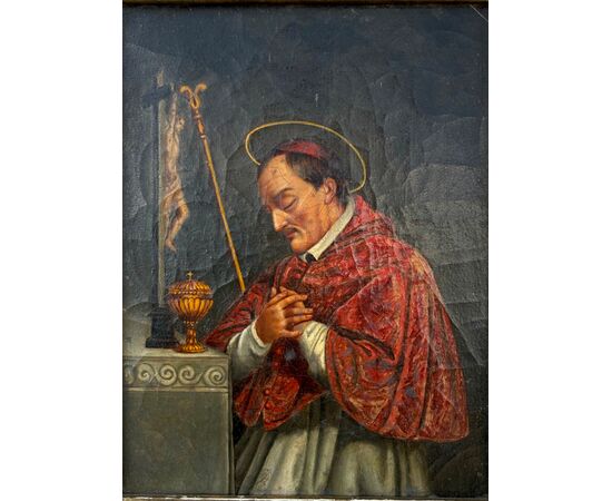 Dipinto olio su tela raffigurante San Carlo Borromeo.